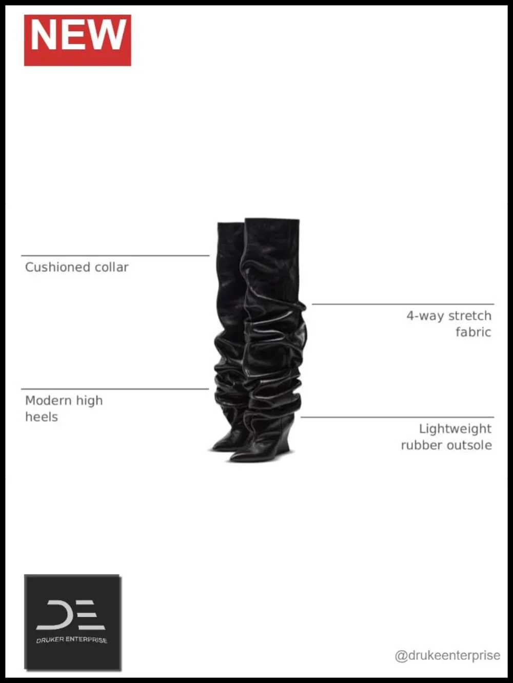 Over the Knee Boots Wedge Heel Wide Calf Ruched Slouchy Pull On Pointed Toe